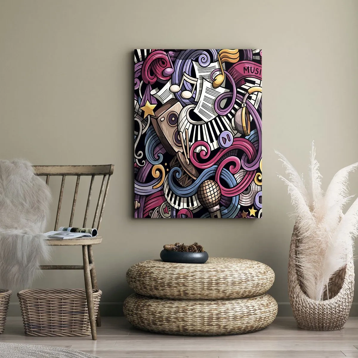 Impression sur toile - Image sur toile - Une abstraction musicale pleine d'instruments et de notes colorées. - 50x70cm - Mélodie compliquée - Décoration murale moderne pour le salon et la chambre ARTTOR