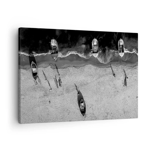 Impression sur toile - Image sur toile - Vue aérienne en noir et blanc de bateaux sur la plage - 70x50cm - Toujours sur le rivage… - Décoration murale moderne pour le salon et la chambre ARTTOR