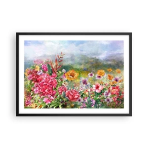 Affiche dans un cadre noir - Poster - Une composition colorée de fleurs sur un fond de paysage aux couleurs pastel - 70x50cm - Un jardin devenu fou - Décoration murale moderne pour le salon et la chambre ARTTOR