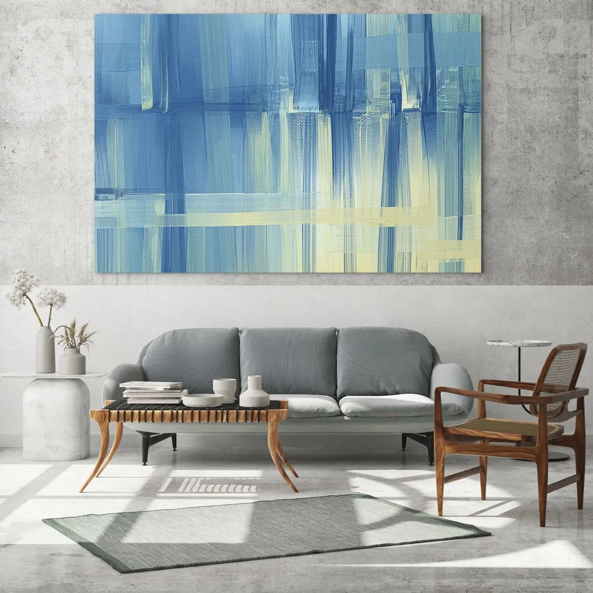 Impression sur verre - Image sur verre - Coups de pinceau abstraits en turquoise et jaune - 120x80cm - Composition en turquoise - Décoration murale moderne pour le salon et la chambre ARTTOR