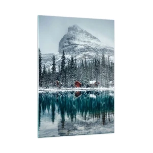Impression sur verre - Image sur verre - Paysage d'hiver avec montagnes, forêt et chalets au bord du lac - 50x70cm - Retraite canadienne - Décoration murale moderne pour le salon et la chambre ARTTOR