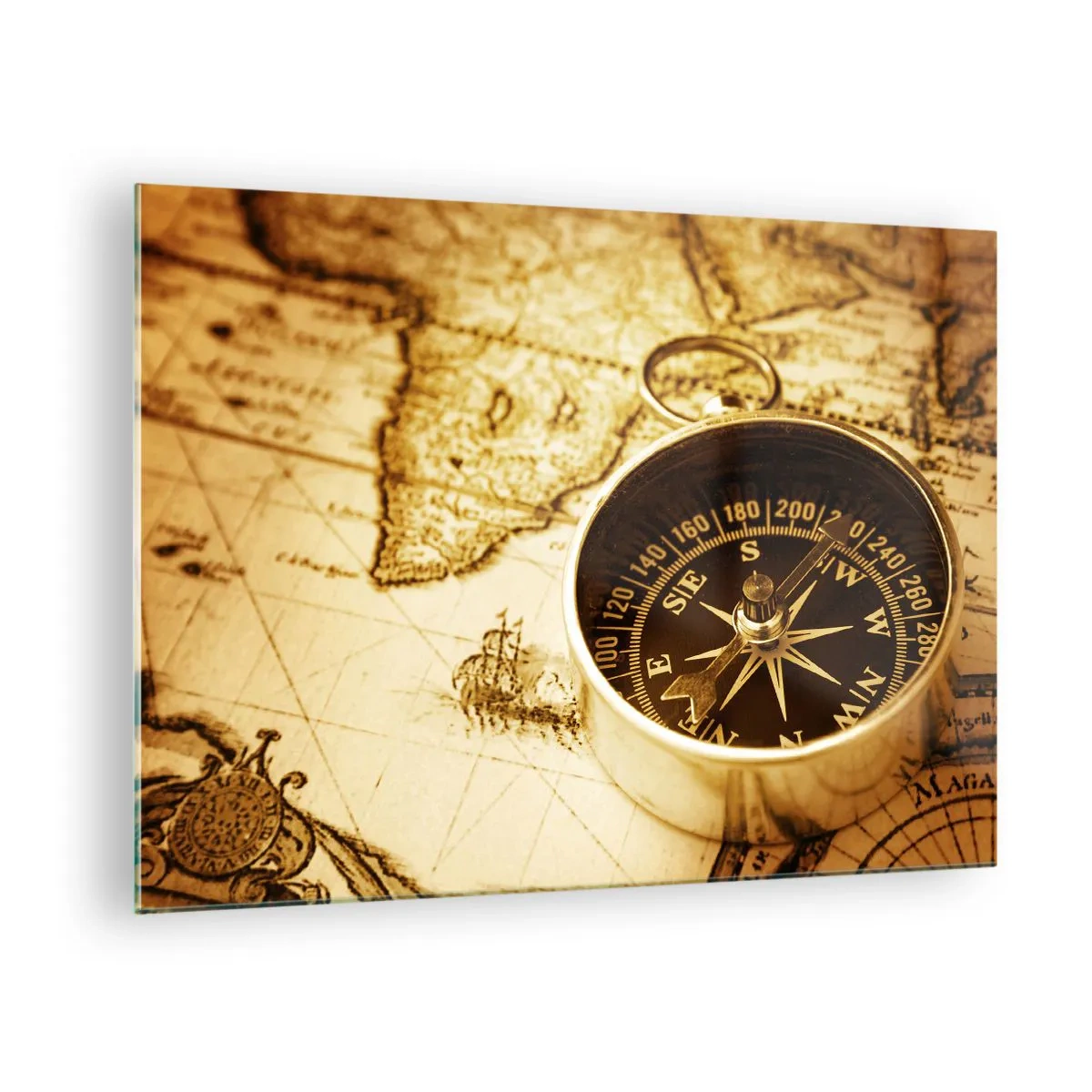 Impression sur verre - Image sur verre - Une boussole dorée sur un vieux fond de carte - 70x50cm - Est ou ouest? - Décoration murale moderne pour le salon et la chambre ARTTOR