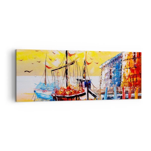 Impression sur toile - Image sur toile - Port pittoresque au coucher du soleil avec des bateaux de pêche - 140x50cm - Bon retour - Décoration murale moderne pour le salon et la chambre ARTTOR