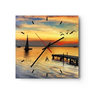 Horloge murale - Pendule murale - Coucher de soleil avec un voilier et une jetée sur un lac calme - 30x30cm - Le soir revient - Décoration murale moderne pour le salon et la chambre ARTTOR