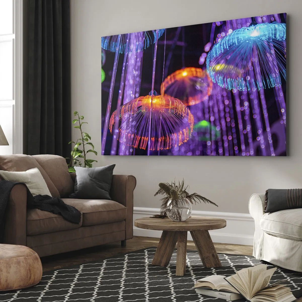 Impression sur toile - Image sur toile - Méduses lumineuses colorées dans un environnement sombre - 120x80cm - Fontaine lumineuse - Décoration murale moderne pour le salon et la chambre ARTTOR