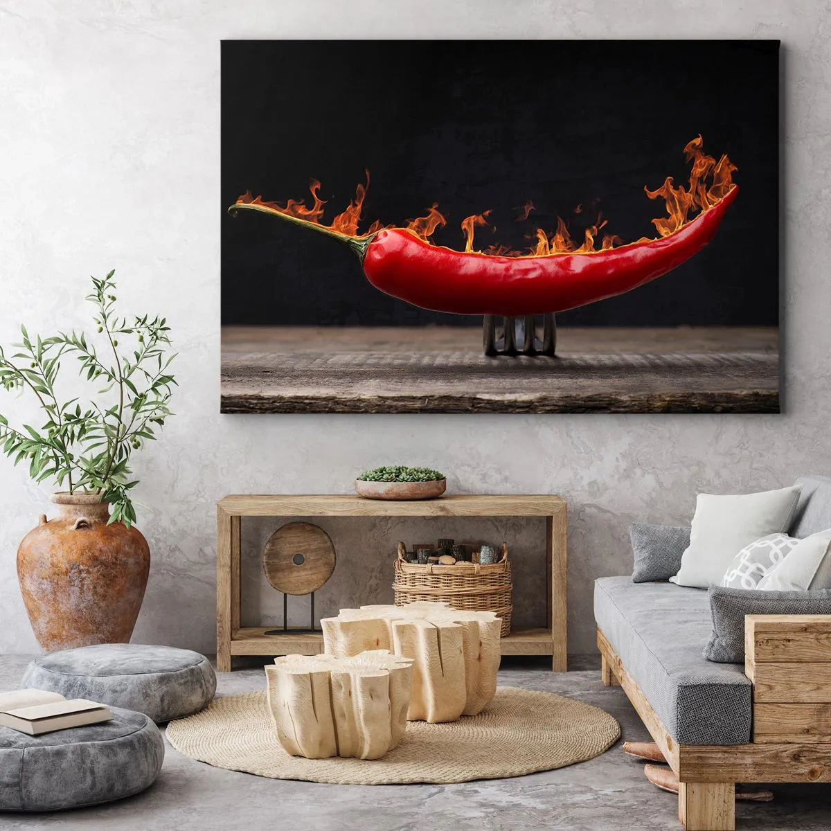 Impression sur toile - Image sur toile - Poivron rouge flamboyant sur une fourchette - 120x80cm - Un apéritif enflammé - Décoration murale moderne pour le salon et la chambre ARTTOR