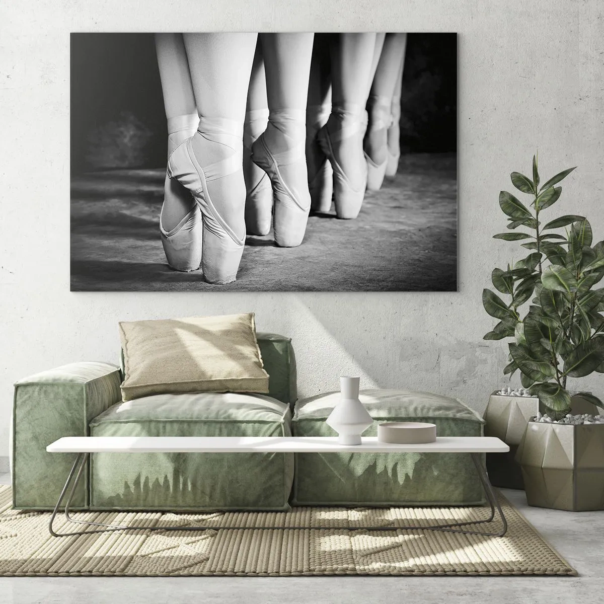 Impression sur verre - Image sur verre - Ballerines sur pointes dans un décor noir et blanc - 70x50cm - Ensemble, simple - Décoration murale moderne pour le salon et la chambre ARTTOR