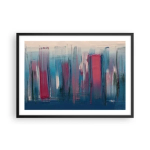 Affiche dans un cadre noir - Poster - Formes verticales abstraites dans des tons de bleu et de rouge - 70x50cm - Composition verticale en bleu et rouge - Décoration murale moderne pour le salon et la chambre ARTTOR