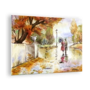 Impression sur verre - Image sur verre - Promenade d'automne d'un couple dans un parc aux feuilles colorées - 70x50cm - Automne romantique dans le parc - Décoration murale moderne pour le salon et la chambre ARTTOR