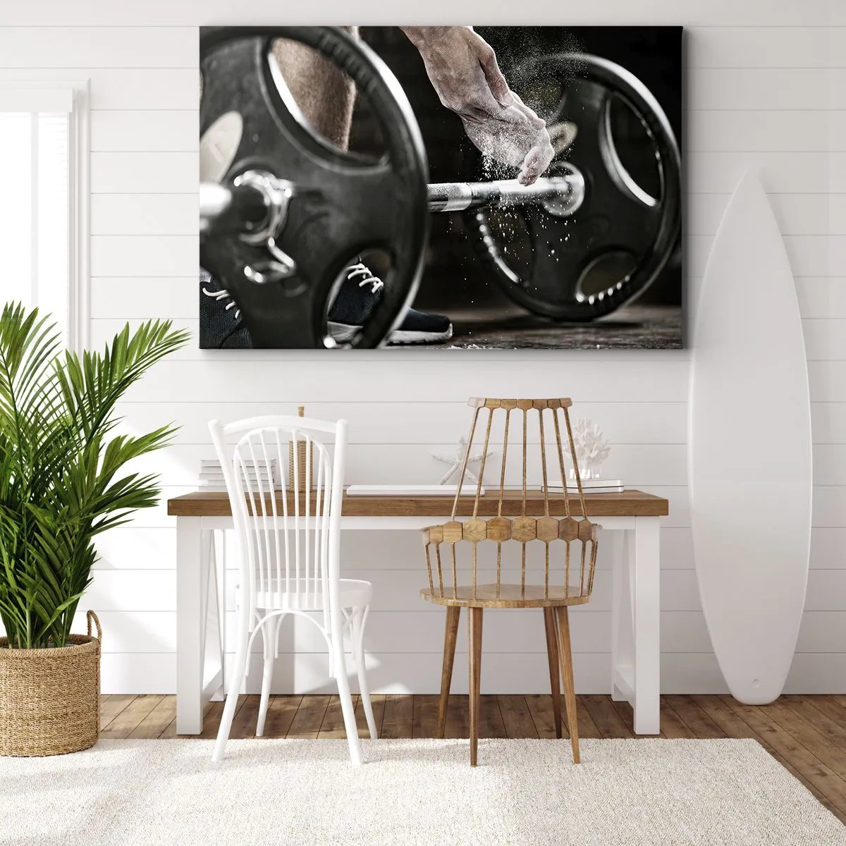 Impression sur toile - Image sur toile - Des haltères et les mains d'un athlète se préparant à l'entraînement - 70x50cm - Défi accepté! - Décoration murale moderne pour le salon et la chambre ARTTOR