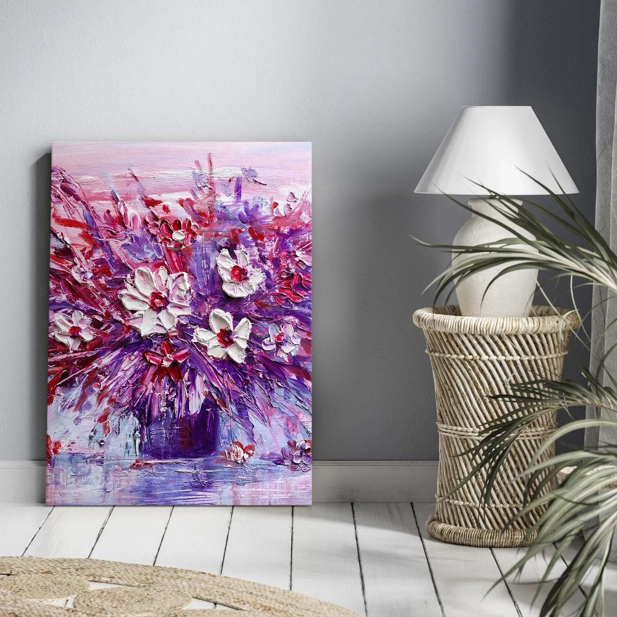 Impression sur toile - Image sur toile - Un bouquet de fleurs colorées dans des tons de rose et de violet - 50x70cm - Innocence et passion - Décoration murale moderne pour le salon et la chambre ARTTOR