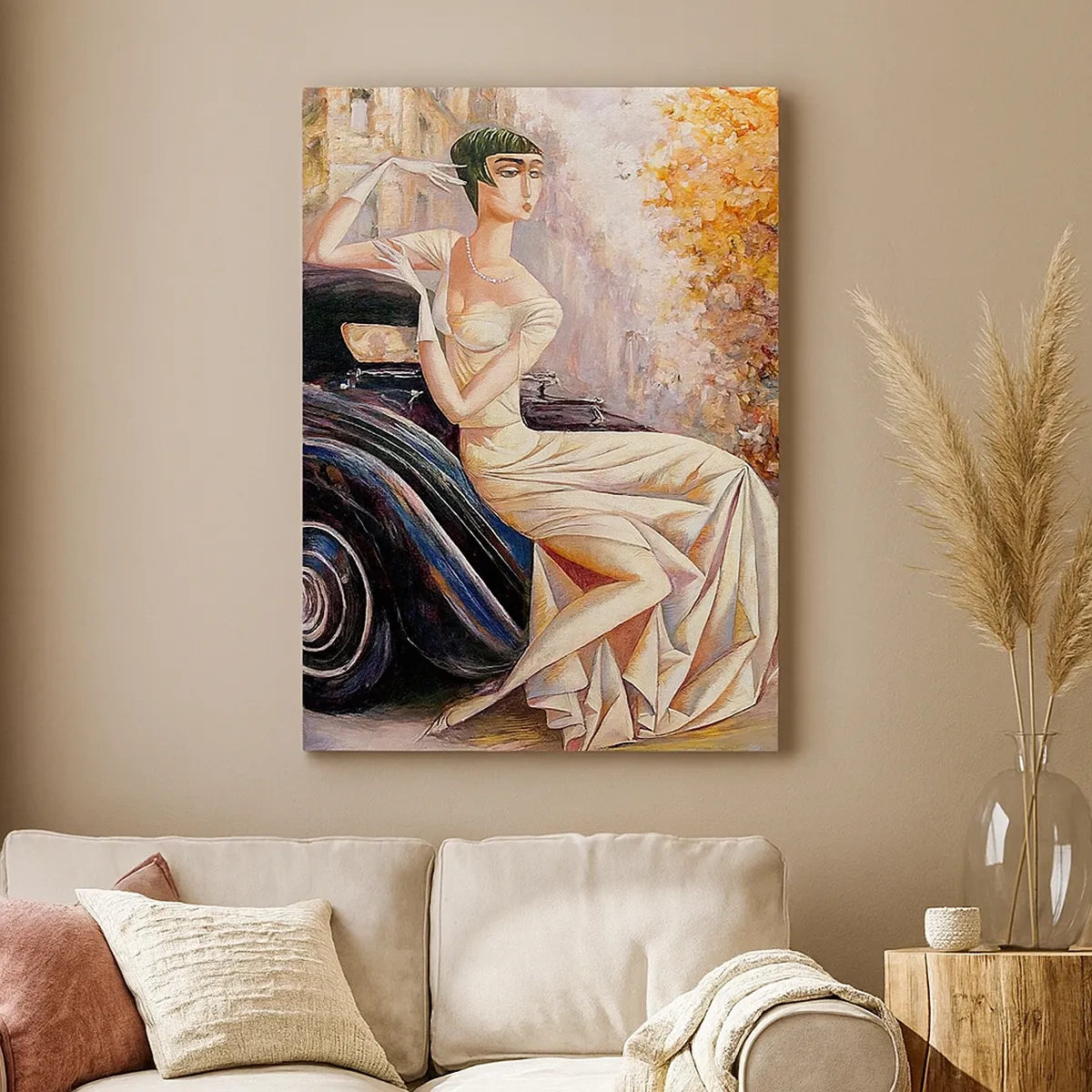 Impression sur toile - Image sur toile - Femme rétro à côté d'une voiture classique - 50x70cm - L'élégance dans un style rétro - Décoration murale moderne pour le salon et la chambre ARTTOR