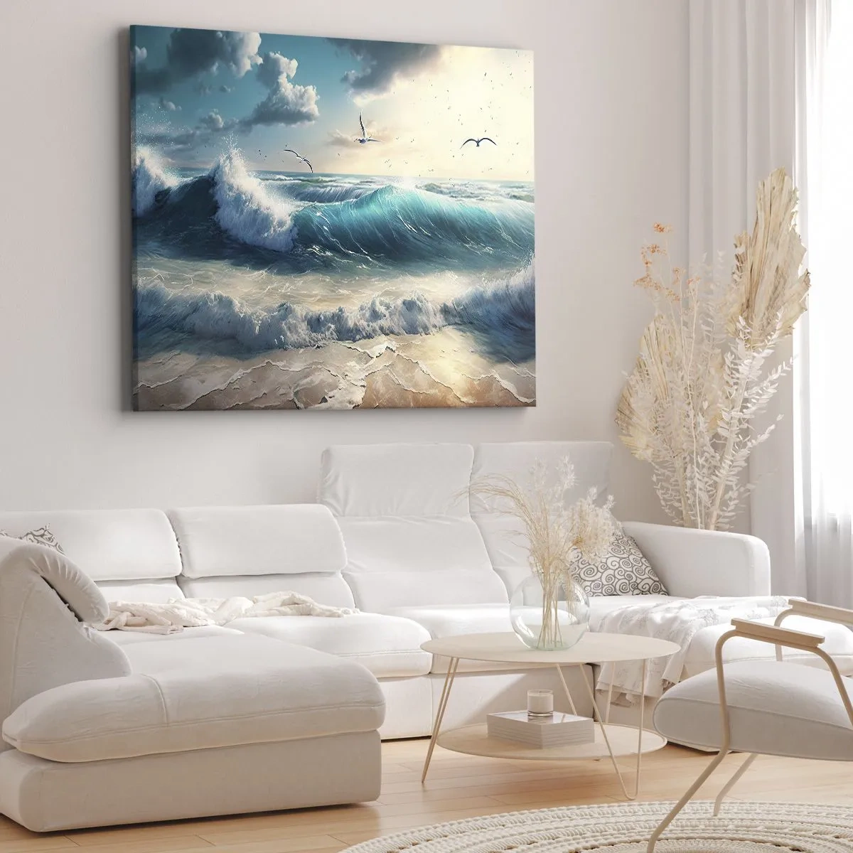 Impression sur toile - Image sur toile - Vagues de la mer sur la plage sous un ciel bleu avec des mouettes - 120x80cm - Ça bourdonne seulement pour toi - Décoration murale moderne pour le salon et la chambre ARTTOR