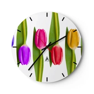 Horloge murale - Pendule murale - Tulipes colorées sur fond blanc - 30x30cm - Composition arc-en-ciel - Décoration murale moderne pour le salon, la cuisine et la chambre ARTTOR
