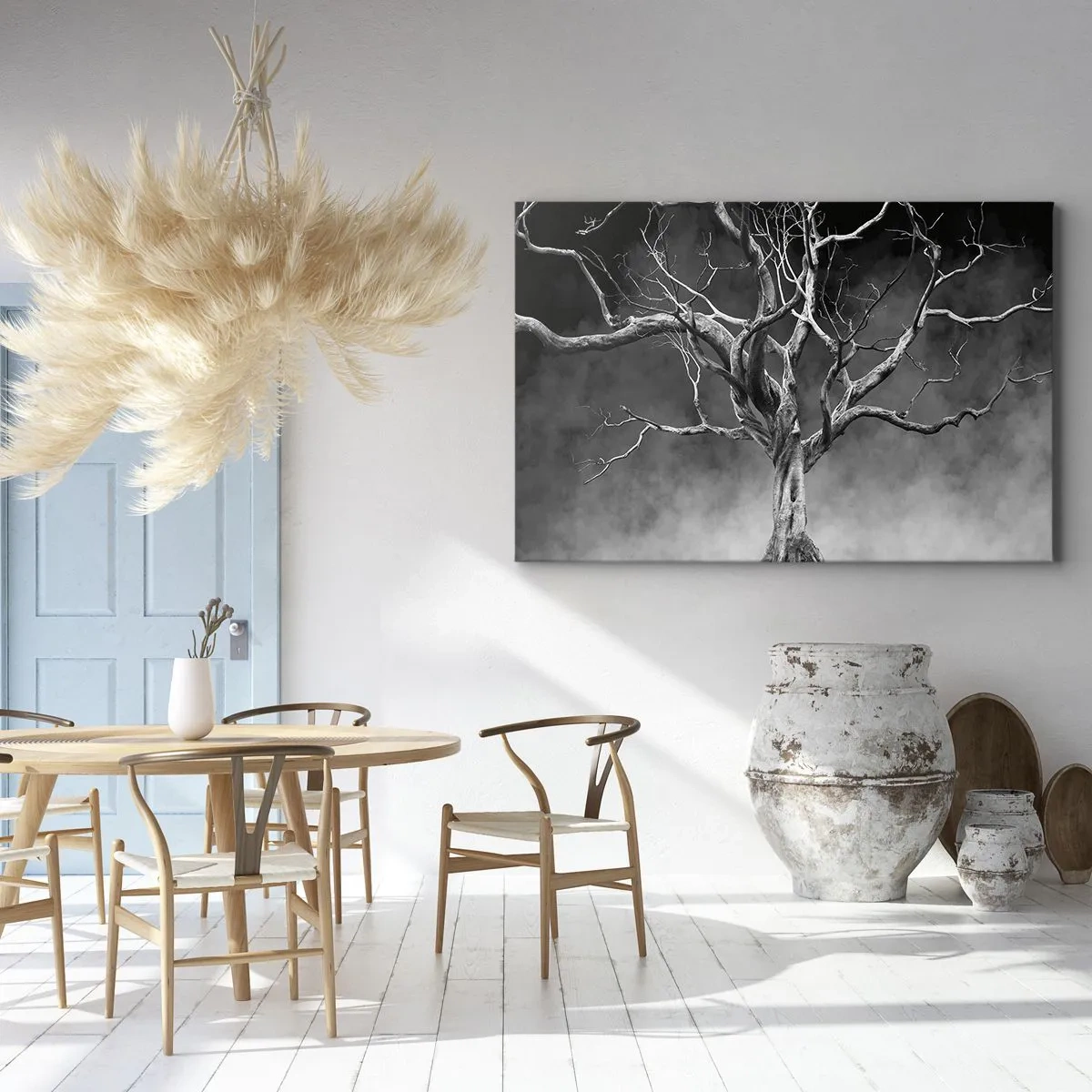 Impression sur toile - Image sur toile - Un arbre sec en noir et blanc contre le brouillard - 120x80cm - Primordial et sacré - Décoration murale moderne pour le salon et la chambre ARTTOR