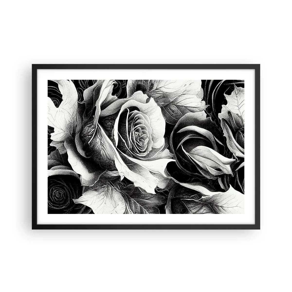 Affiche dans un cadre noir - Poster - Roses noires et blanches dans une composition élégante - 70x50cm - Toujours une reine - Décoration murale moderne pour le salon et la chambre ARTTOR