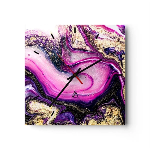 Horloge murale - Pendule murale - Vagues abstraites dans des tons violets et dorés - 30x30cm - Un instant dans les coulisses - Décoration murale moderne pour le salon et la chambre ARTTOR
