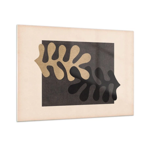Impression sur verre - Image sur verre - Formes abstraites en noir et beige sur un fond géométrique - 100x70cm - Absence et complément - Décoration murale moderne pour le salon et la chambre ARTTOR