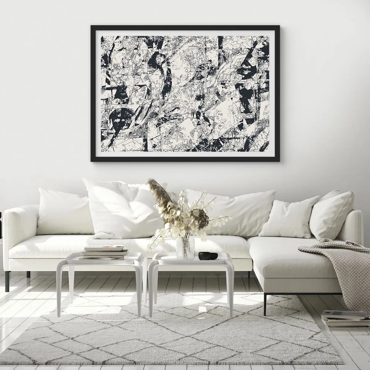 Affiche dans un cadre noir - Poster - Composition abstraite en noir et blanc avec une mise en page dynamique - 100x70cm - Interpénétration des contraires - Décoration murale moderne pour le salon et la chambre ARTTOR