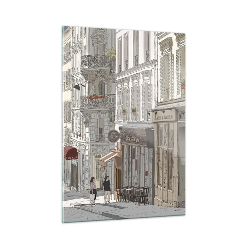 Impression sur verre - Image sur verre - Une rue avec des cafés dans un style urbain artistique - 50x70cm - Joie de la ville - Décoration murale moderne pour le salon et la chambre ARTTOR