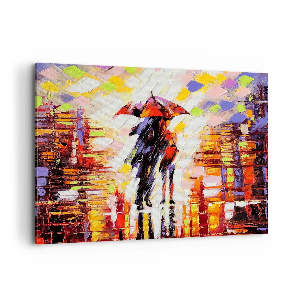 Impression sur toile - Image sur toile - Une scène abstraite d'une promenade sous un parapluie par une nuit pluvieuse. - 100x70cm - Ensemble à travers la nuit et la pluie - Décoration murale moderne pour le salon et la chambre ARTTOR