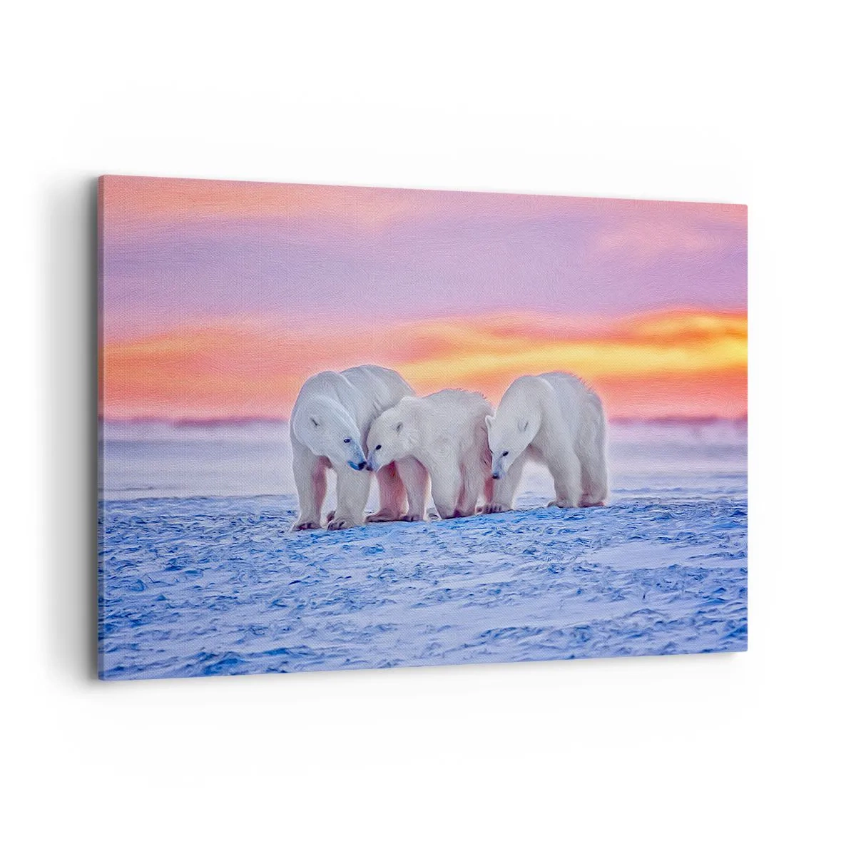 Impression sur toile - Image sur toile - Trois ours polaires sur fond de coucher de soleil arctique - 100x70cm - La chaleur familiale suffit - Décoration murale moderne pour le salon et la chambre ARTTOR