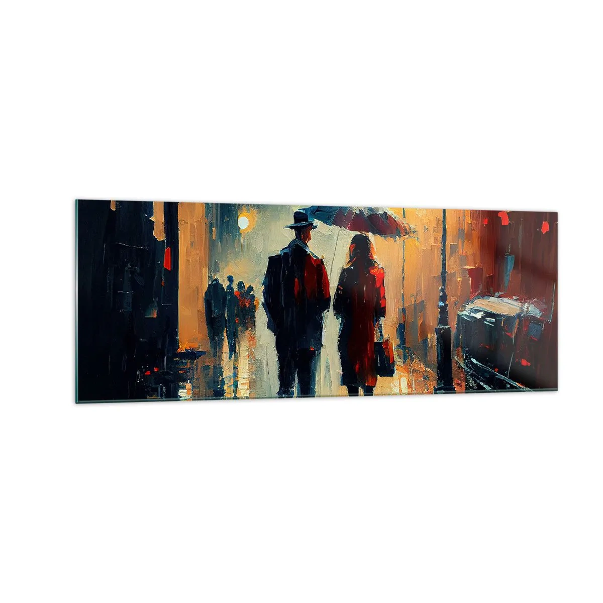 Impression sur verre - Image sur verre - Marcher sous la pluie sous un parapluie en ville la nuit - 140x50cm - Histoire d'amour urbaine - Décoration murale moderne pour le salon et la chambre ARTTOR
