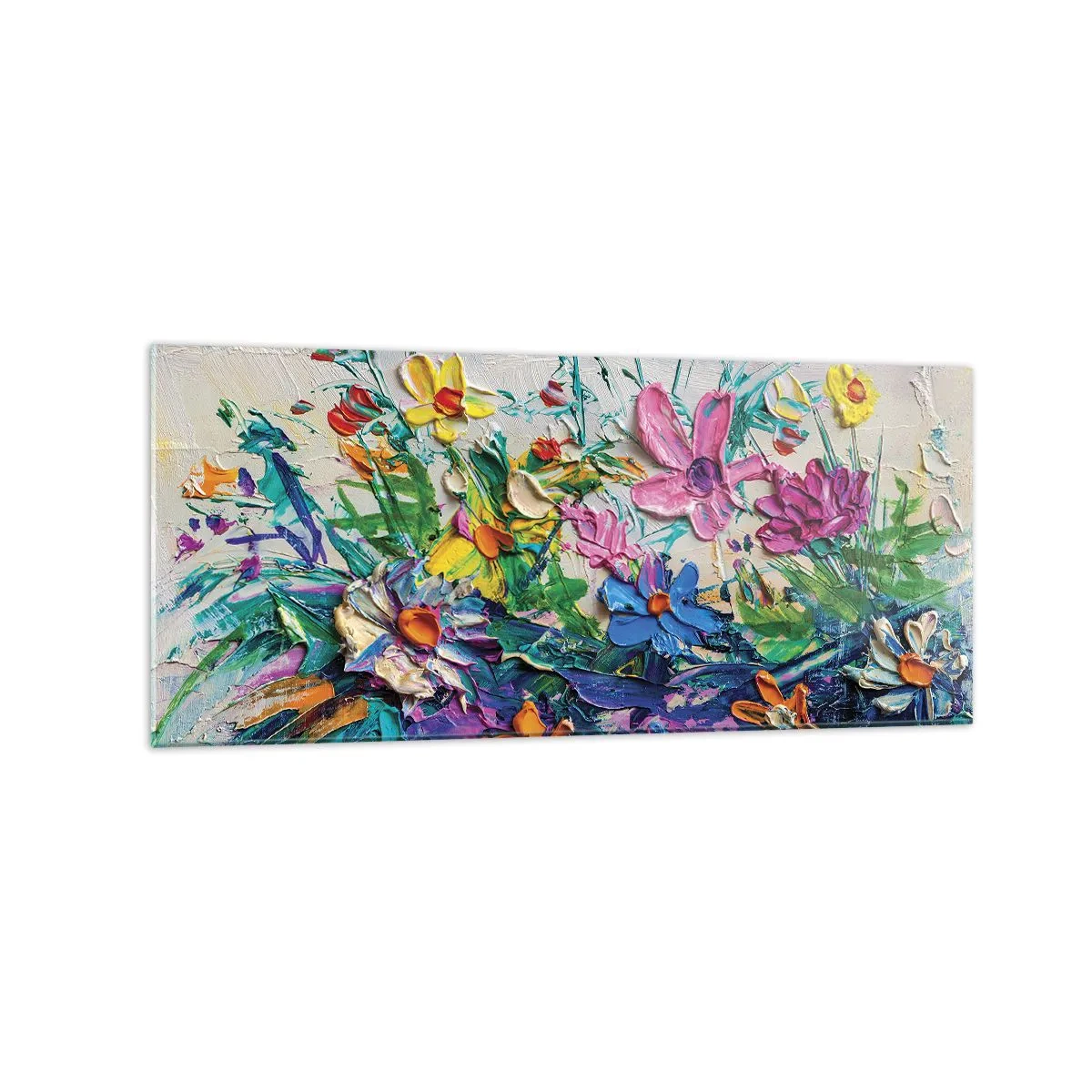 Impression sur verre - Image sur verre - Un bouquet de fleurs coloré peint selon la technique de l'empâtement - 120x50cm - Absolument pas une nature morte - Décoration murale moderne pour le salon et la chambre ARTTOR