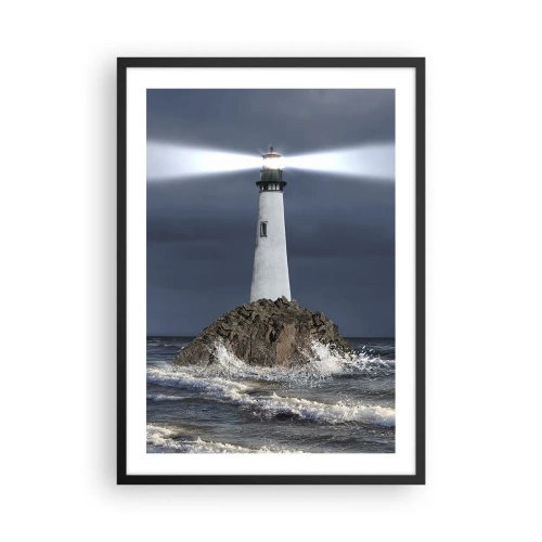 Affiche dans un cadre noir - Poster - Un phare sur un rocher au milieu des vagues agitées - 50x70cm - I… i… ici ! - Décoration murale moderne pour le salon et la chambre ARTTOR