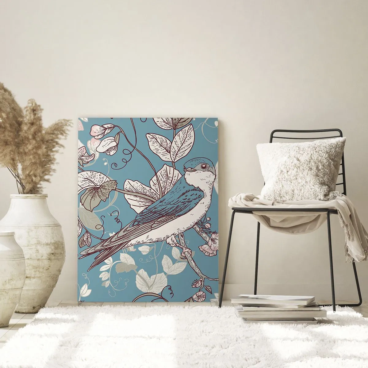 Impression sur verre - Image sur verre - Un oiseau sur une branche parmi des fleurs sur un fond turquoise - 50x70cm - Dans le bois blanc du rouge et de l'argent - Décoration murale moderne pour le salon et la chambre ARTTOR