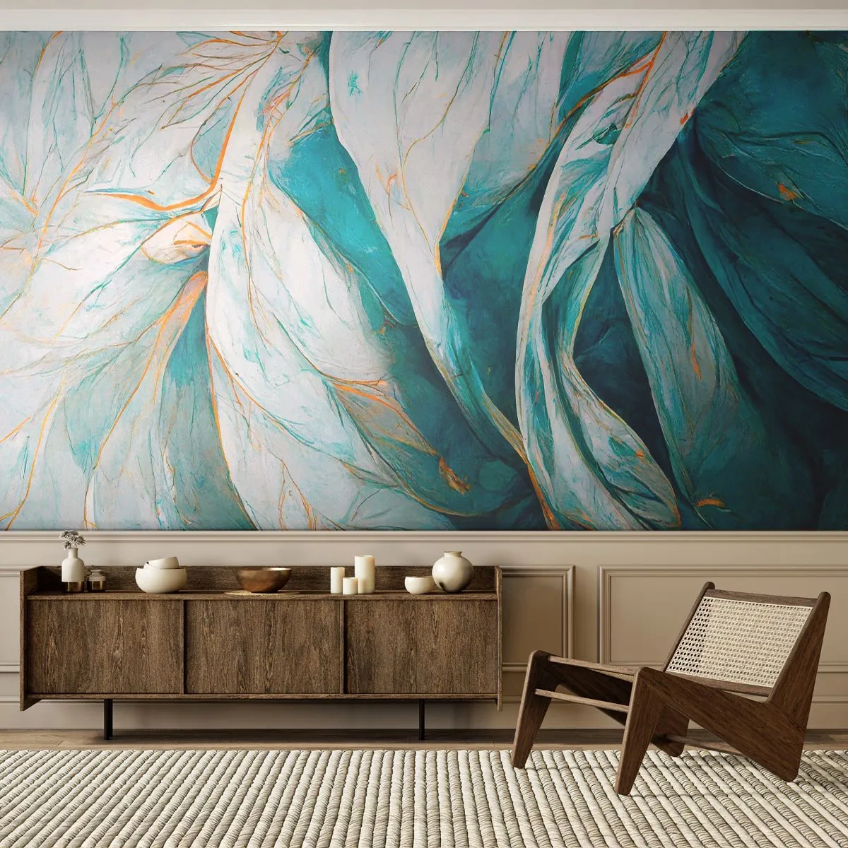 Papier Peint Photo Premium Sand - Feuilles bleues ondulantes avec un délicat accent doré - 100x70cm - Abstraction bleue avec un motif doré - Décoration murale moderne pour le salon et la chambre ARTTOR