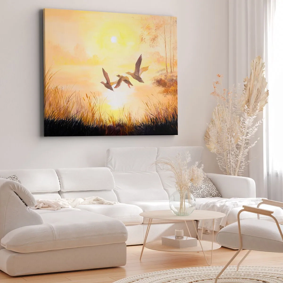 Impression sur toile - Image sur toile - Canards volant au lever du soleil au-dessus du lac - 70x50cm - Le début d'un long voyage - Décoration murale moderne pour le salon et la chambre ARTTOR