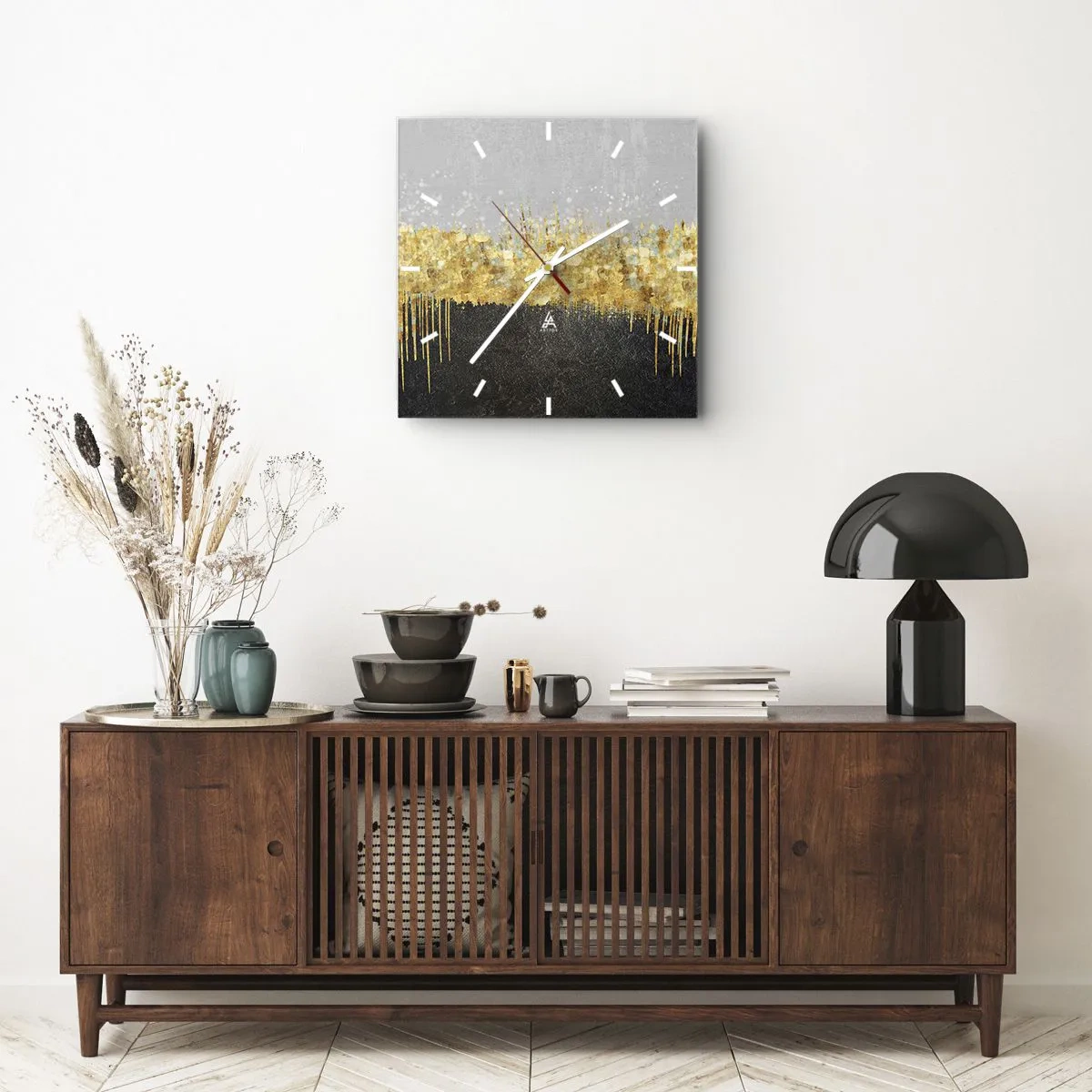 Horloge murale - Pendule murale - Composition abstraite dans les tons d'or et de noir - 30x30cm - Vers l'intérieur et vers le haut - Décoration murale moderne pour le salon et la chambre ARTTOR