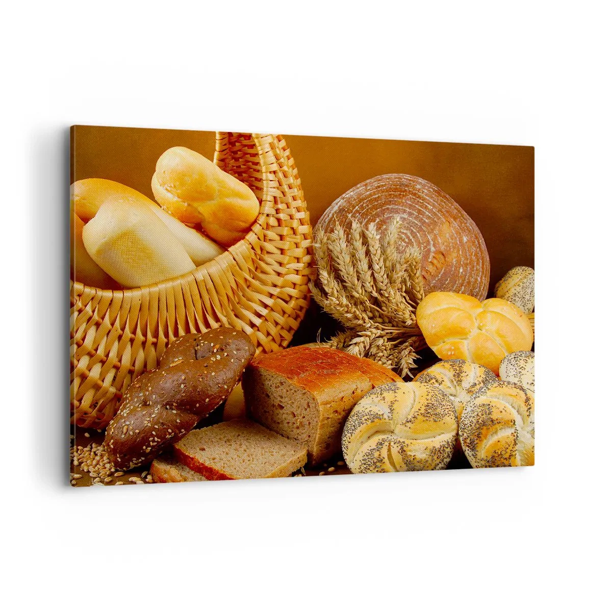 Impression sur toile - Image sur toile - Différents pains dans un panier en osier sur fond doré - 100x70cm - On s'en est encore sorti - Décoration murale moderne pour le salon et la chambre ARTTOR
