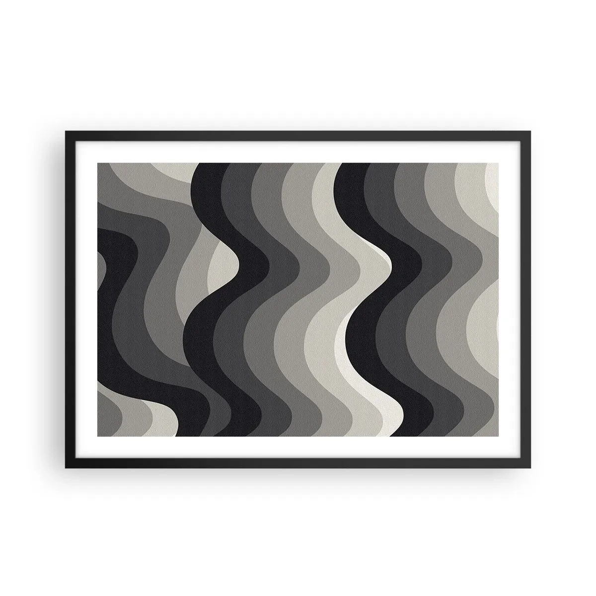 Affiche dans un cadre noir - Poster - Motifs ondulés noirs et blancs dans des tons de gris - 70x50cm - Vague après vague - Décoration murale moderne pour le salon et la chambre ARTTOR