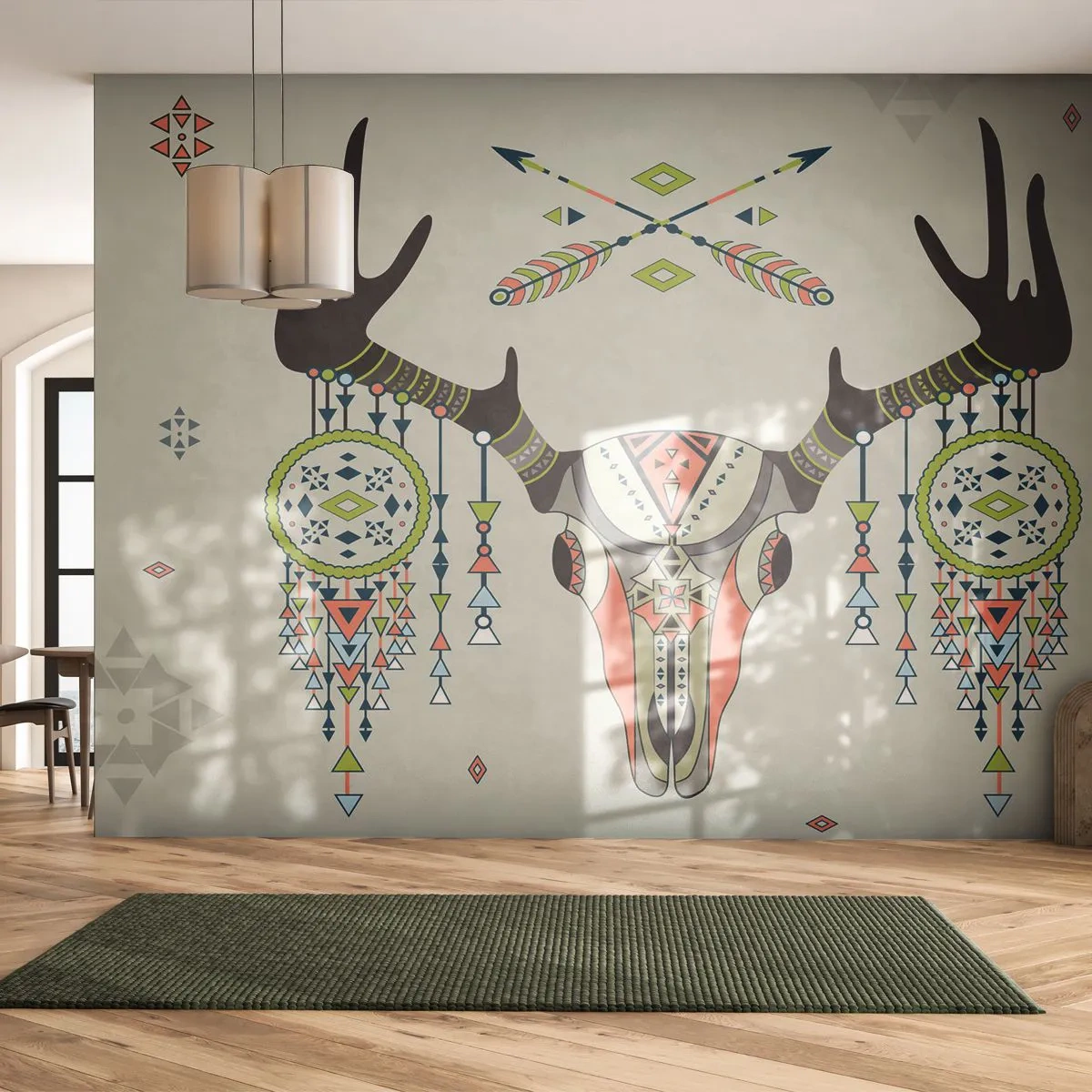 Papier Peint Photo Premium Sand - Motif ethnique de crâne de cerf avec attrape-rêves - 100x70cm - Trophée du chasseur indien - Décoration murale moderne pour le salon et la chambre ARTTOR