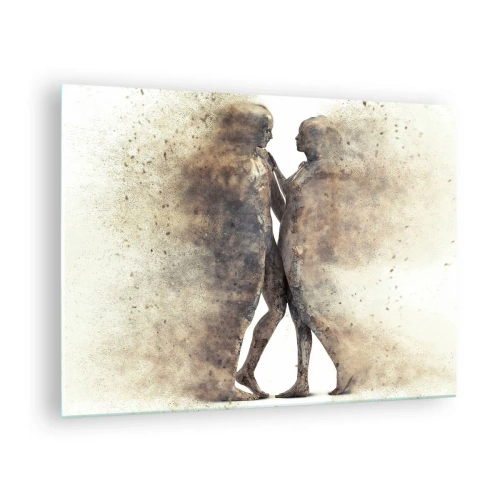 Impression sur verre - Image sur verre - Silhouettes abstraites de deux personnages dans un style poussiéreux - 70x50cm - Ils sont sortis de la poussière pour aimer - Décoration murale moderne pour le salon et la chambre ARTTOR