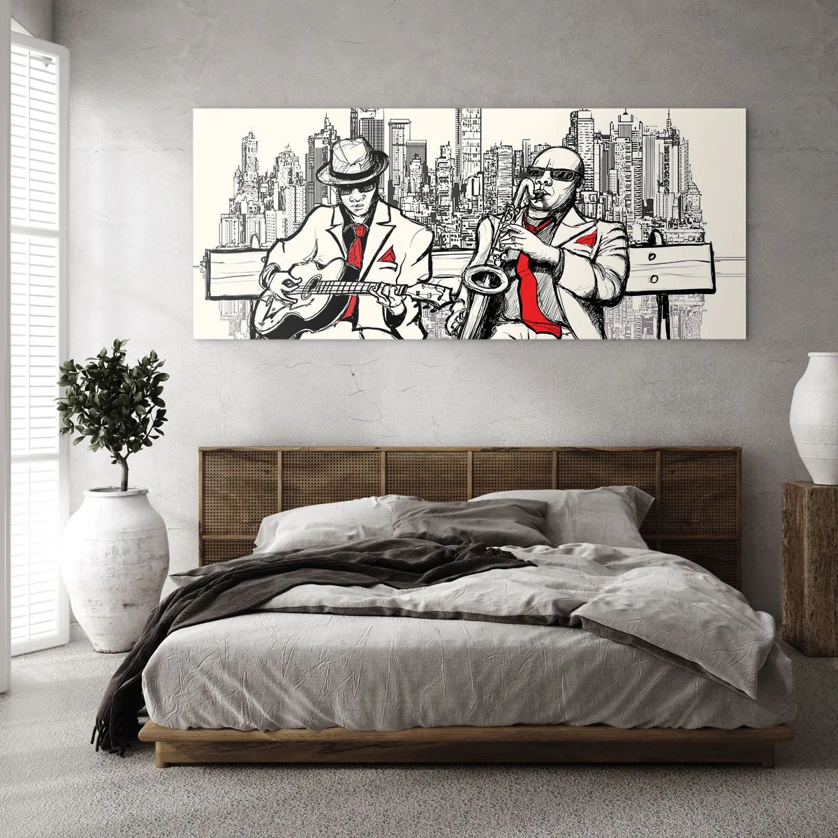Impression sur verre - Image sur verre - Un duo de jazz avec saxophone et guitare sur fond de ville - 140x50cm - improvisation new-yorkaise - Décoration murale moderne pour le salon et la chambre ARTTOR