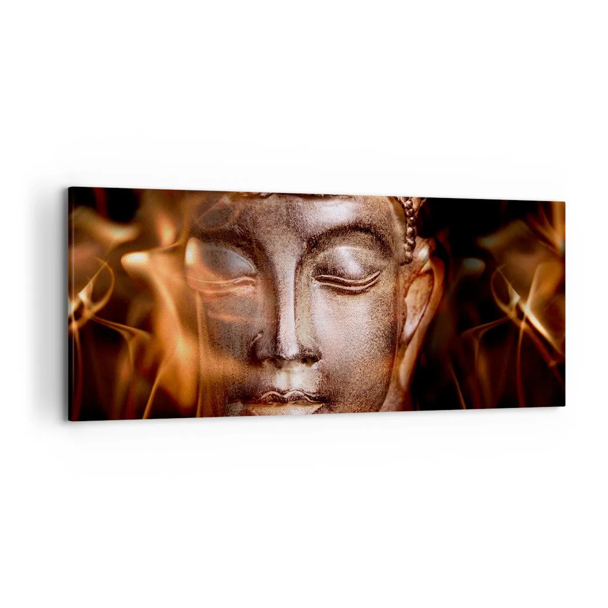 Impression sur toile - Image sur toile - Une statue de Bouddha au milieu de flammes aux teintes dorées - 120x50cm - Il n'existe qu'ici et maintenant - Décoration murale moderne pour le salon et la chambre ARTTOR