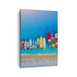 Impression sur toile - Image sur toile - Des bateaux colorés alignés en rangée sur le rivage - 50x70cm - Une vue à vol d'oiseau - Décoration murale moderne pour le salon et la chambre ARTTOR