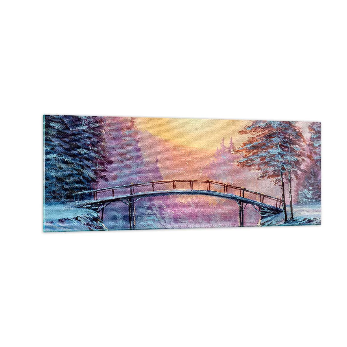 Impression sur verre - Image sur verre - Paysage d'hiver avec un pont illuminé par le coucher du soleil - 140x50cm - Quatre saisons - hiver - Décoration murale moderne pour le salon et la chambre ARTTOR