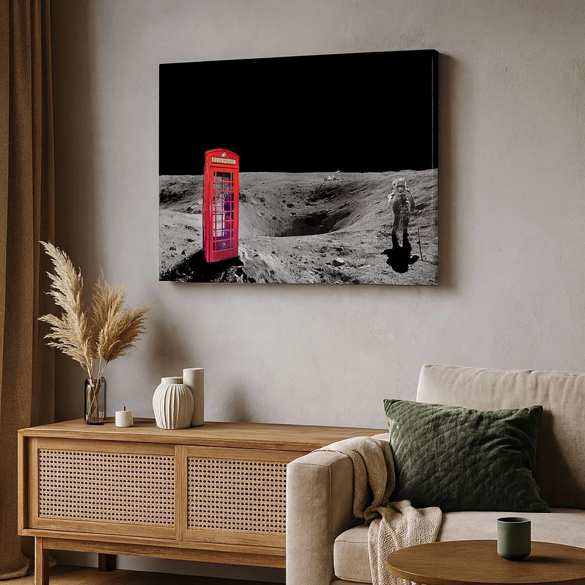 Impression sur toile - Image sur toile - Cabine téléphonique rouge sur la lune - 70x50cm - Une blague cosmique - Décoration murale moderne pour le salon et la chambre ARTTOR