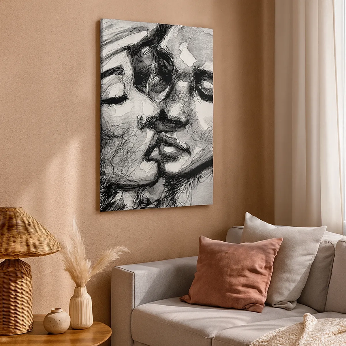 Impression sur toile - Image sur toile - Une aquarelle en noir et blanc représentant un moment intime entre deux personnes. - 50x70cm - Un moment tendre - Décoration murale moderne pour le salon et la chambre ARTTOR