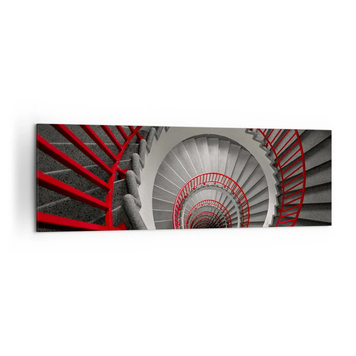Impression sur toile - Image sur toile - Escalier en colimaçon avec rampes rouges dans une perspective dynamique - 160x50cm - Amusement architectural - Décoration murale moderne pour le salon et la chambre ARTTOR