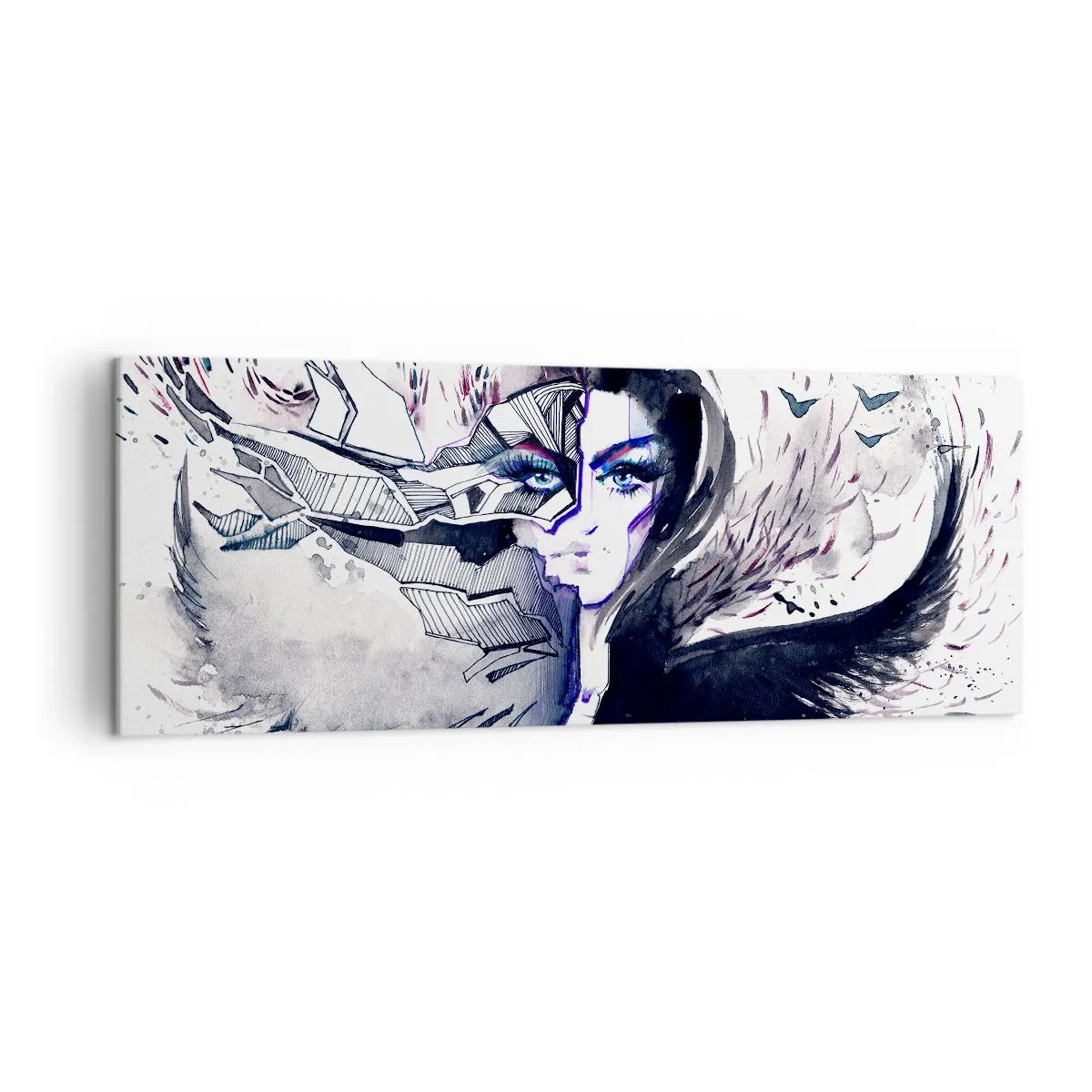 Impression sur toile - Image sur toile - Visage abstrait avec des éléments contrastés et un motif d'aile - 140x50cm - Démoniaque et belle - Décoration murale moderne pour le salon et la chambre ARTTOR