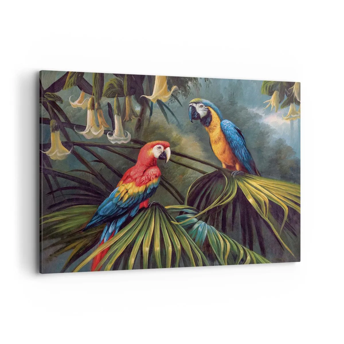 Impression sur toile - Image sur toile - Perroquets dans une forêt tropicale avec des fleurs exotiques en arrière-plan - 120x80cm - Romantisme dans les tropiques - Décoration murale moderne pour le salon et la chambre ARTTOR