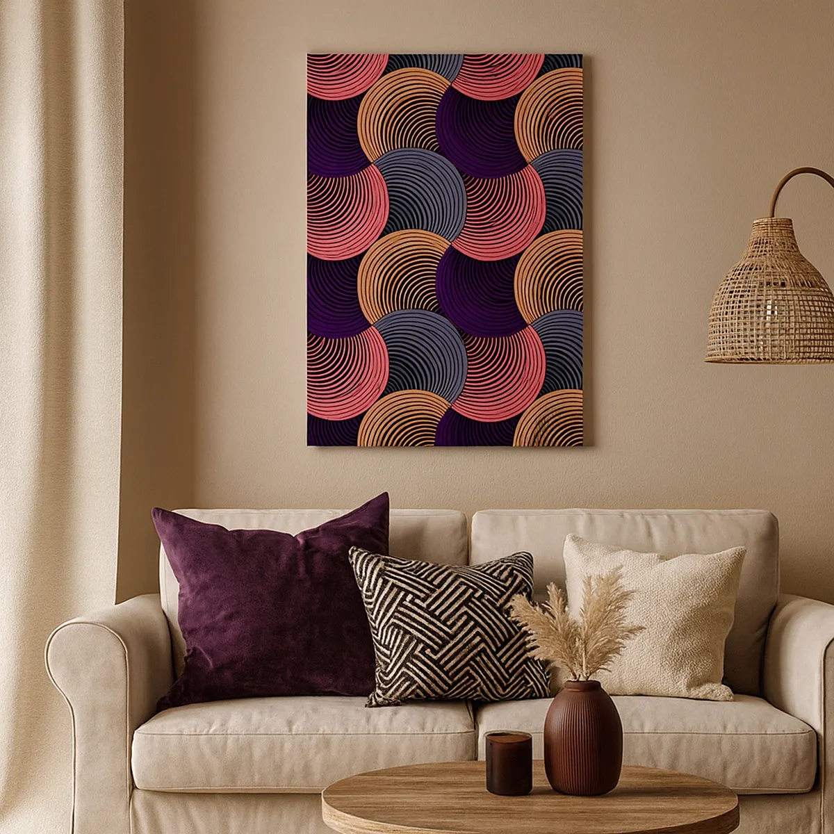 Impression sur toile - Image sur toile - Cercles géométriques dans des tons de rose, violet et or - 50x70cm - Dans un rythme circulaire - Décoration murale moderne pour le salon et la chambre ARTTOR