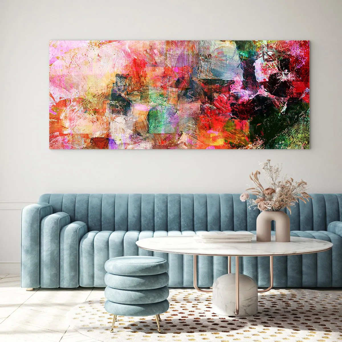 Impression sur verre - Image sur verre - Une composition abstraite aux tons dominants rose et rouge. - 160x50cm - Un voyage à travers les roses - Décoration murale moderne pour le salon et la chambre ARTTOR