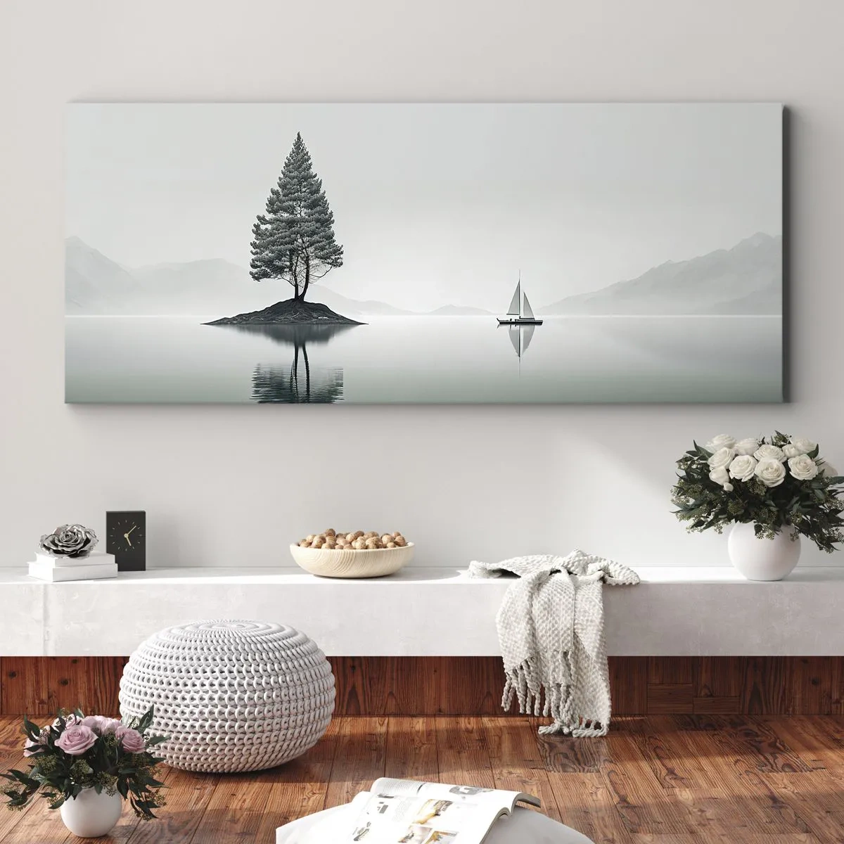 Impression sur toile - Image sur toile - Un paysage minimaliste avec un arbre sur une île et un voilier. - 120x50cm - Un rêve somnolent - Décoration murale moderne pour le salon et la chambre ARTTOR