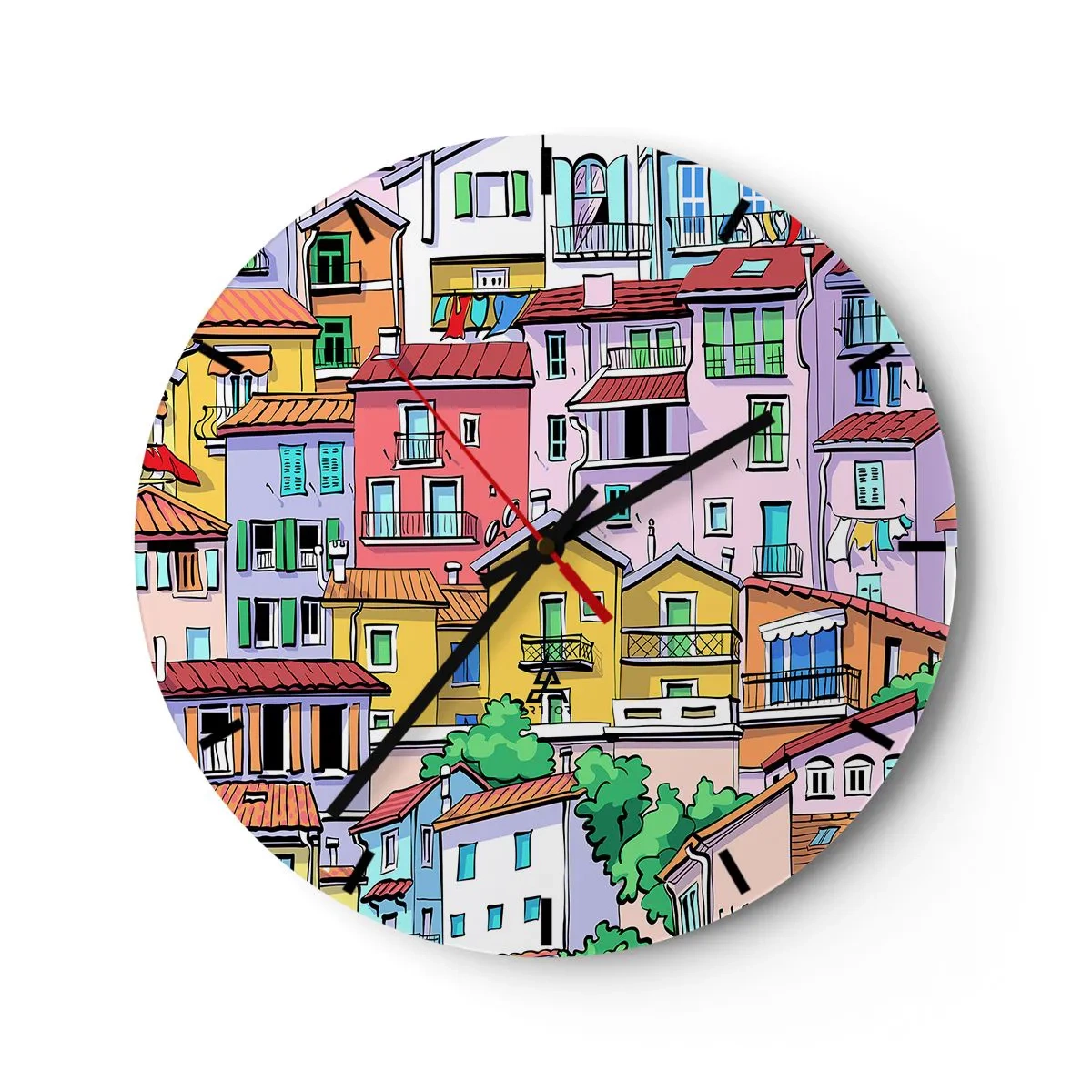 Horloge murale - Pendule murale - Maisons colorées dans un style illustratif - 30x30cm - Ville joyeuse - Décoration murale moderne pour le salon, la cuisine et la chambre ARTTOR